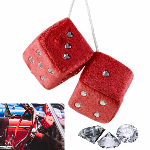 Hängende Würfel, 3 Zoll Paar Retro Square Mirror Hanging Paar Fuzzy Plüsch  Würfel mit Punkten für Auto Interieur Ornament Dekoration (rot) (1pcs)