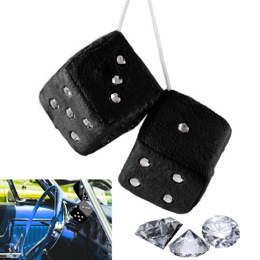 [4 Dice 2 PACK] Retro Hanging Dice for Car Mirror Black and White  (Nostalgic 80’s Fuzzy Car Dice for Mirror) Plush Car Accessories (Set of 2)