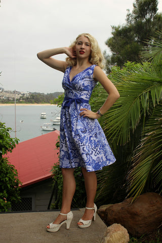 vintage inspired blue and white floral dress