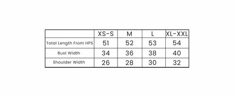 Basic Square Top Size Chart