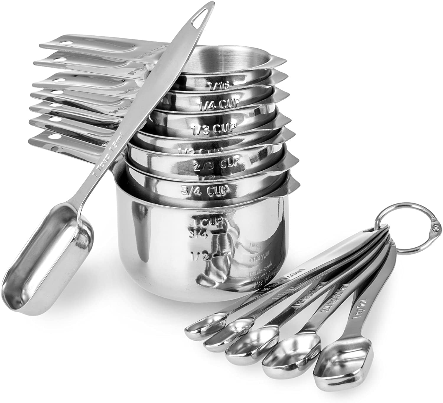 13-Piece Measuring Cups and Spoons Set, 18/8 Stainless Steel Heavy Duty Ergonomic Handle with Ring Connector, Silver