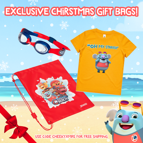 Image featuring products from Kangaroo Beach Christmas gift bag: Zoggs swimming goggles, Frizzy t-shirt and a red Zoggs drawstring bag.