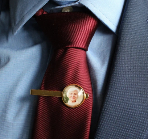 gold personalized tie clip for groom on wedding day