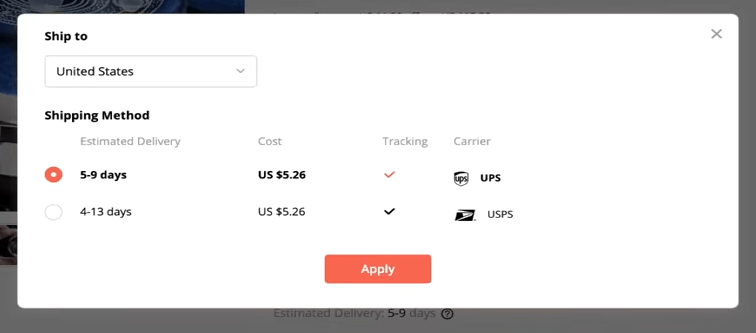 Selecting the different methods of shipping for products shipped from the US