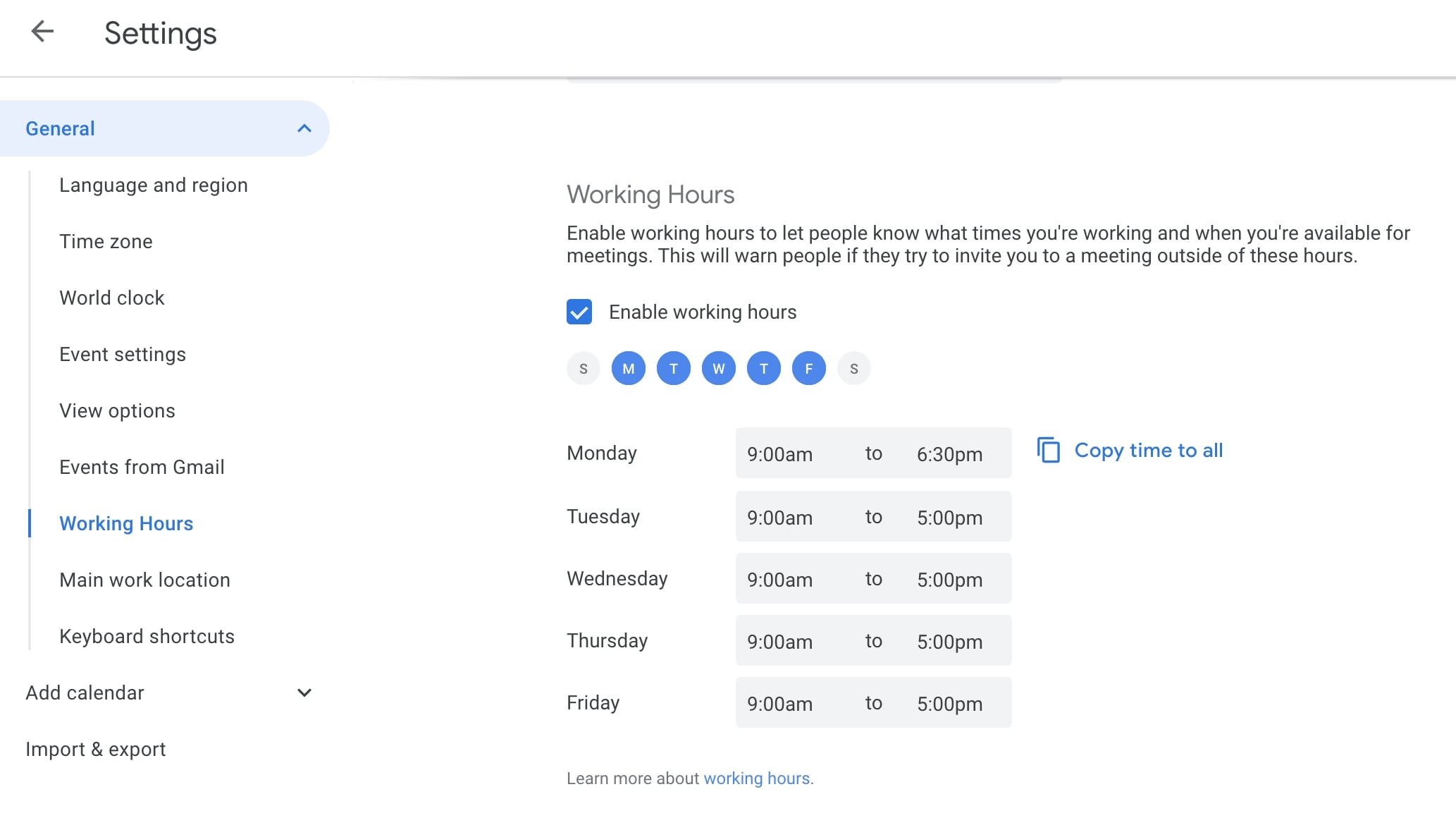 Working hours Google calendar