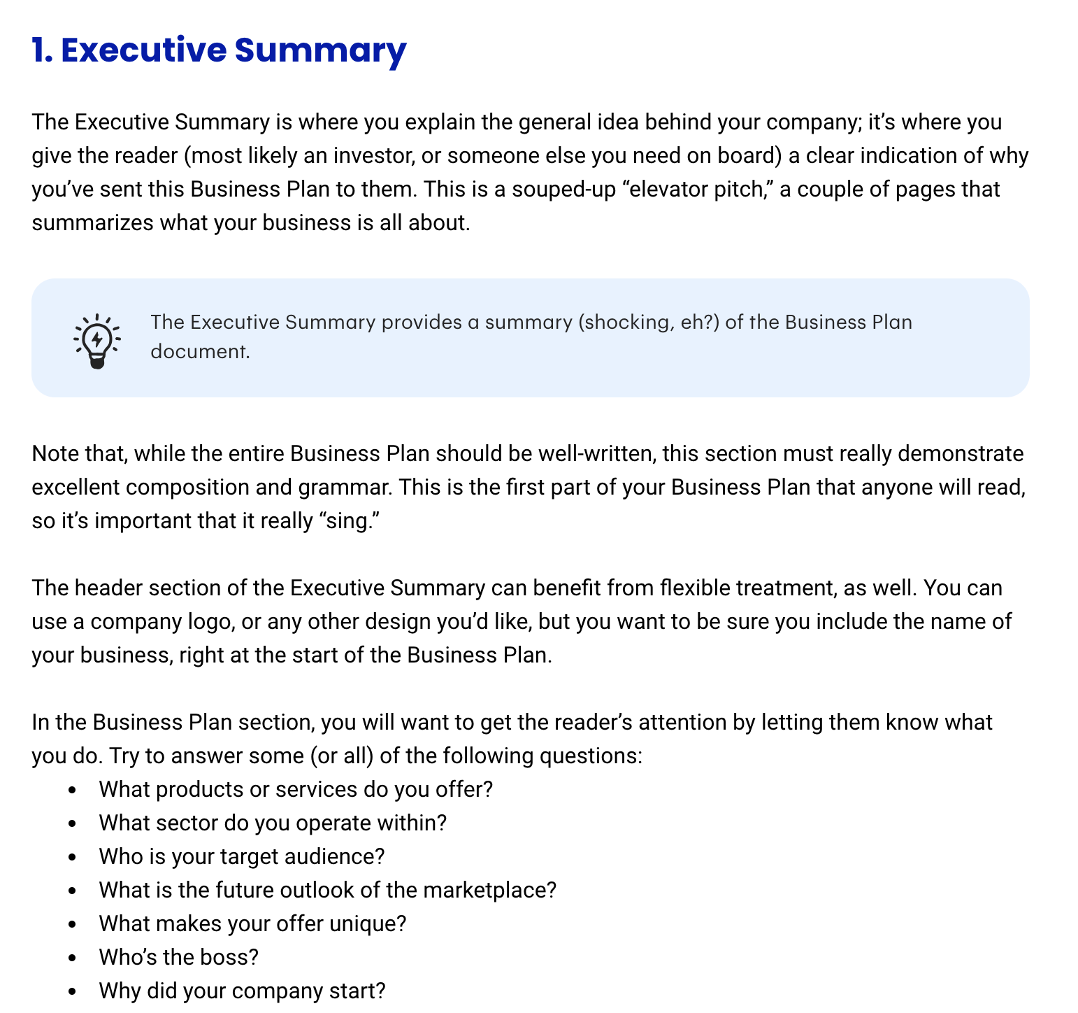 summary provides the key points of a long report proposal or business plan
