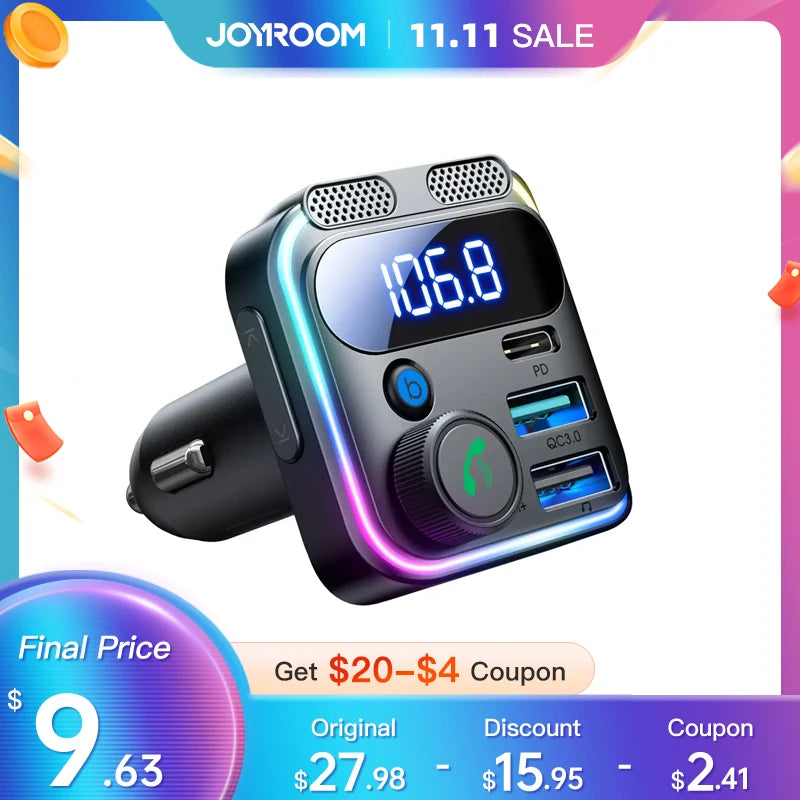 JOYROOM Bluetooth 5.3 FM Transmitter for Car 48W PD&QC3.0 Car Charger Adapter