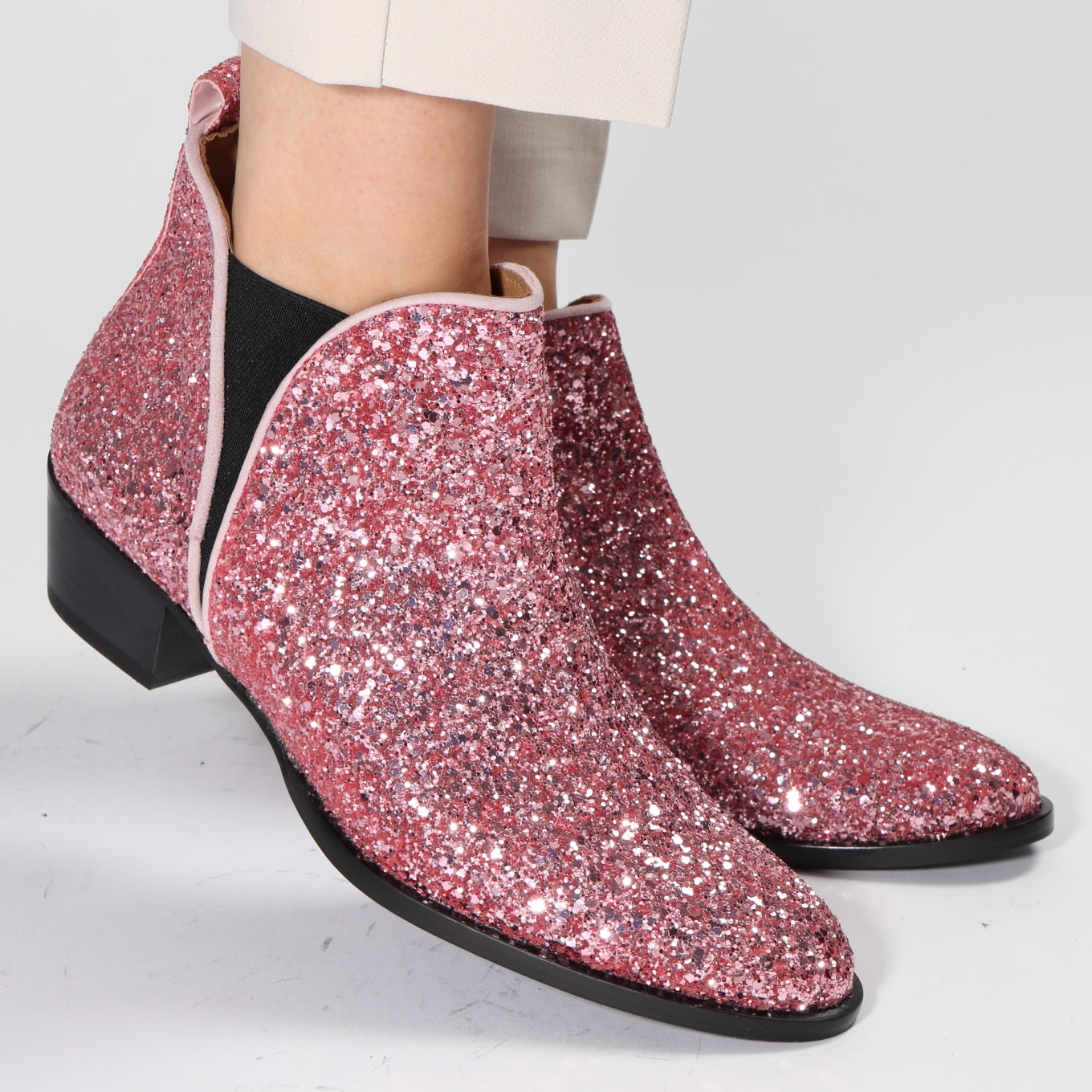 Pink glitter chelsea boot with low heel and handmade by Emma Go – EMMA GO