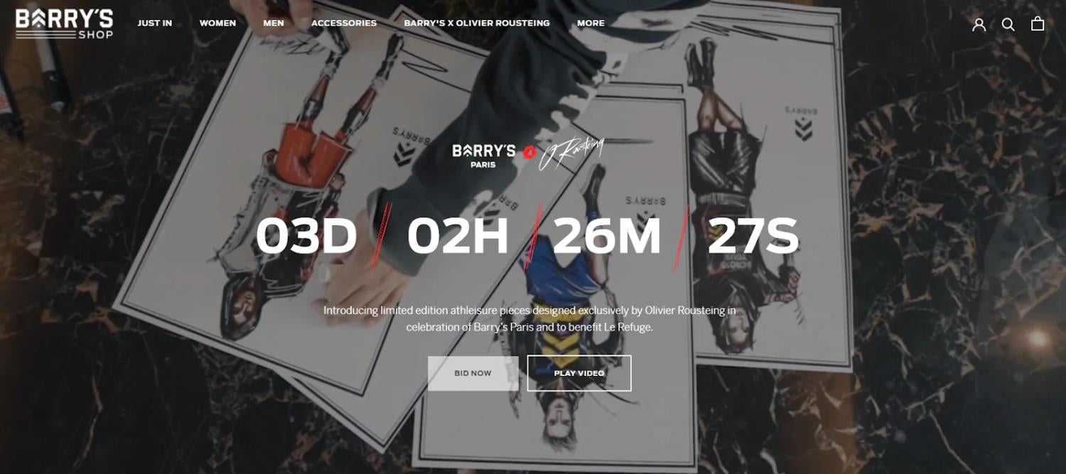 Barry’s 홈페이지의 카운트다운 시계 페이지 스크린샷