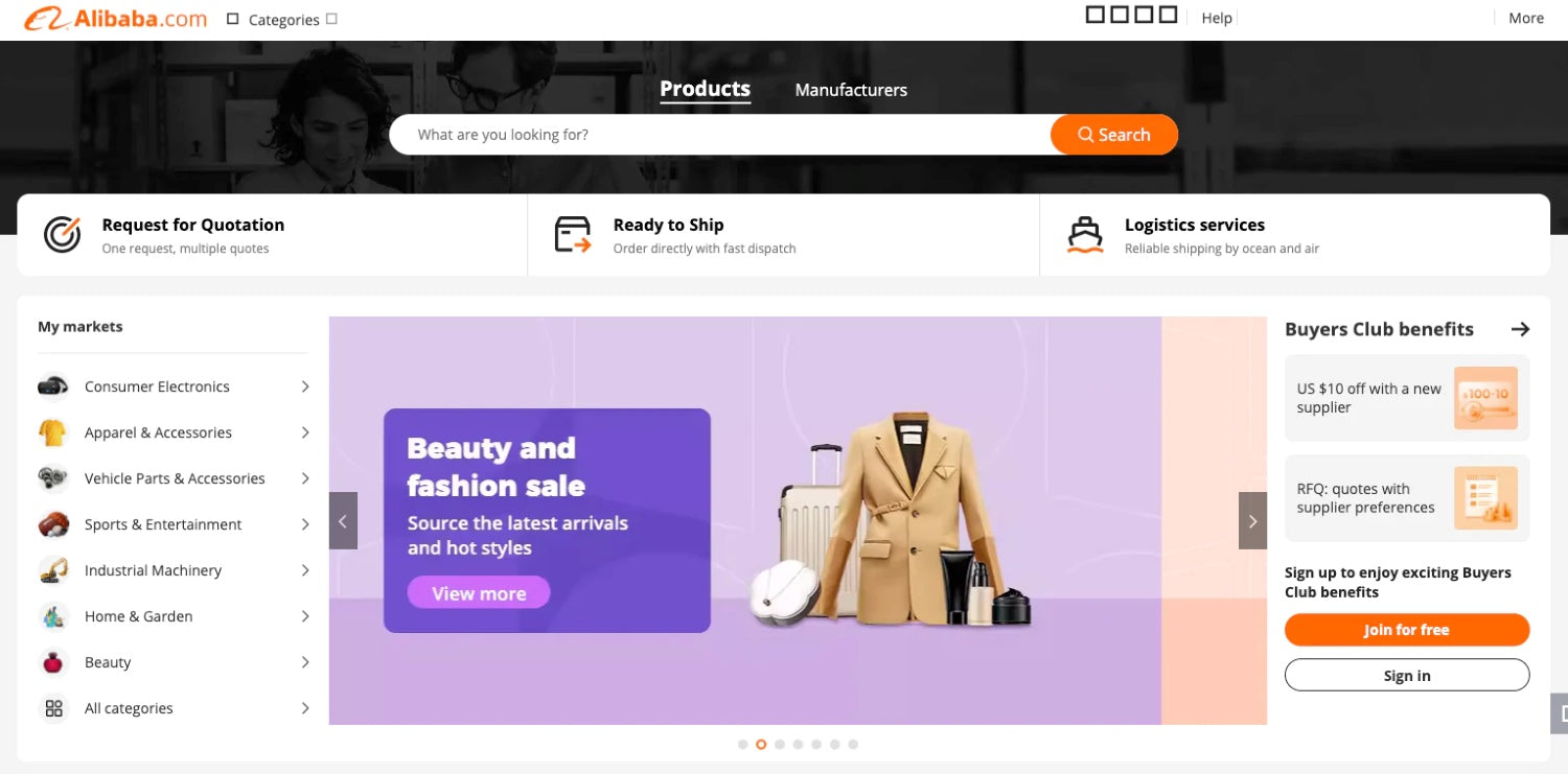 제품 및 제조업체 옵션을 제공하는 Alibaba 홈페이지입니다.