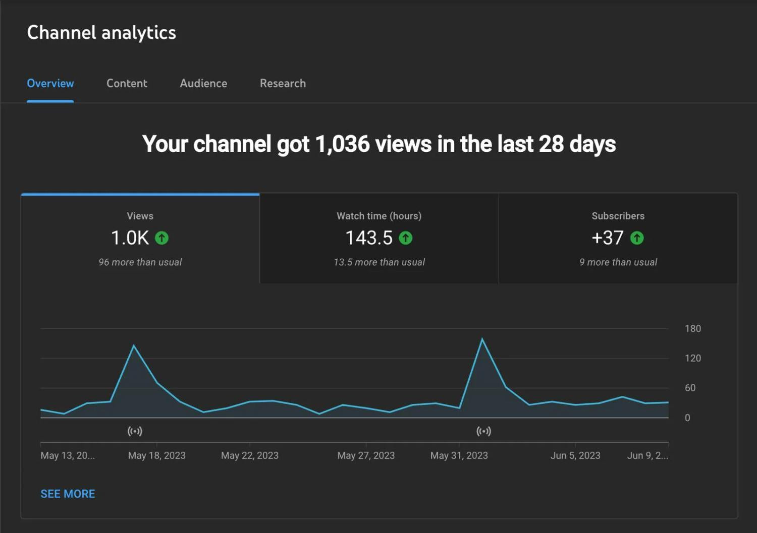 YouTube 채널의 분석 탭.