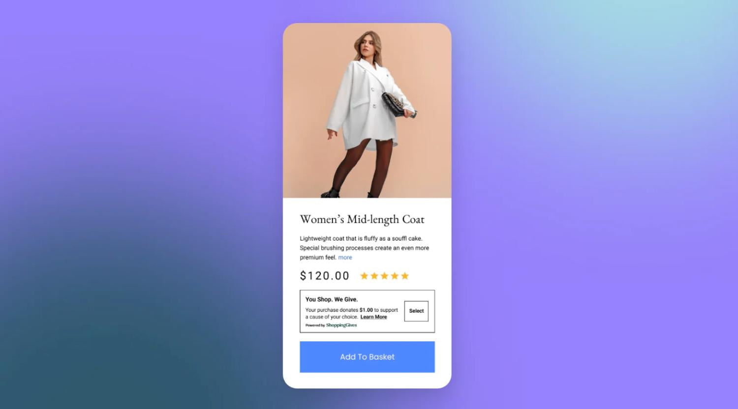 쇼핑객에게 기부 요청하는 ShoppingGives 소매 판매 앱 UI 이미지