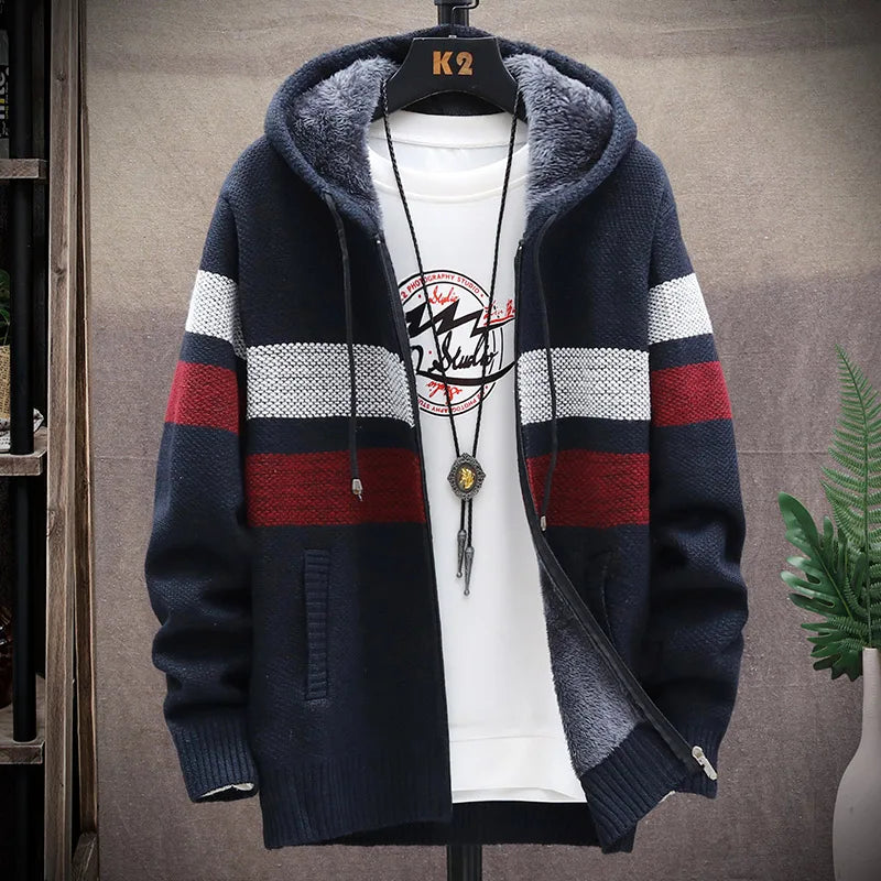 Men's Hooded Jumper Cold Sweater Winter Cardigan Fleece Wool Autum Warm Loose Zip Up Jacket Male Knitwear Coat
