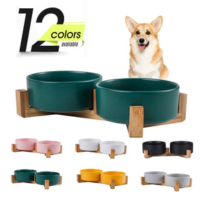 Round Dog Cat Bowl with Wood Stand, Durable Ceramic Food Water Elevated Dish for Pet, Modern Cute Weighted Food Water Set, - Bellarue Pet Boutique
