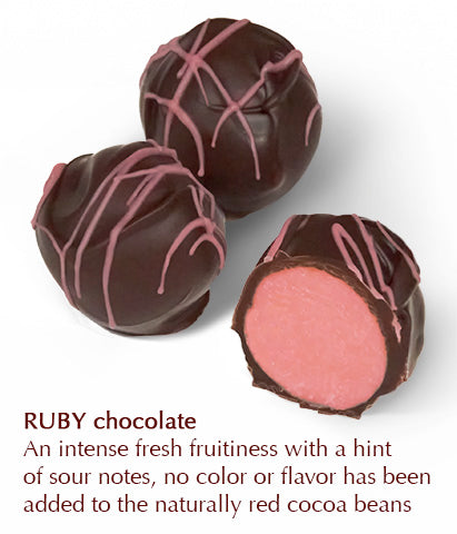 Ruby Chocolate Truffle, Ruby chocolate in it’s natural state has an intense fresh fruitiness with a hint of sour notes, even though no color or flavor has been added to the cocoa beans