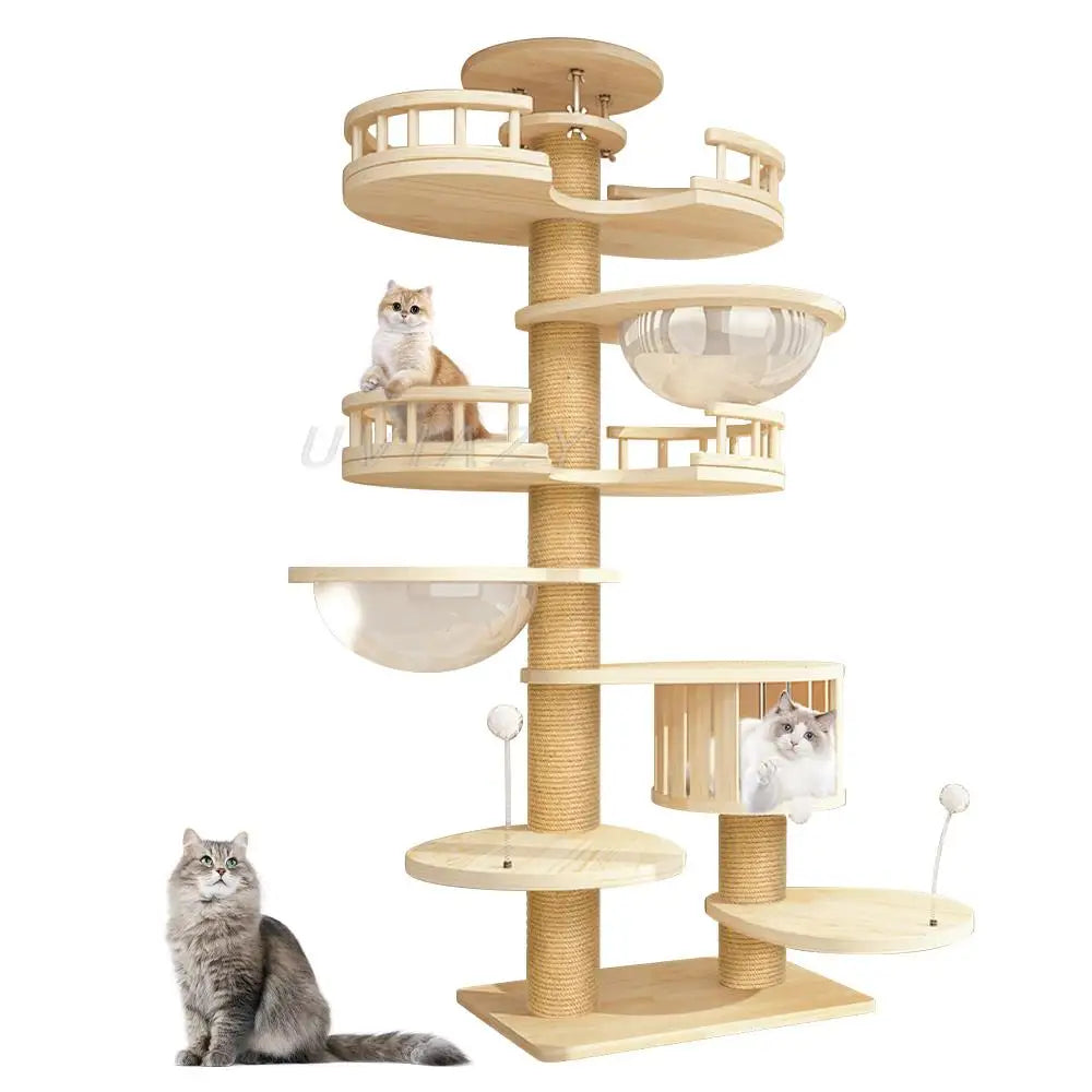 Multi-Level Ceiling Cat Tree Shelf Wood Climbing Frame Scratching Post Sisal Pillar Grinding Paws Jumping Platform Perch Tower