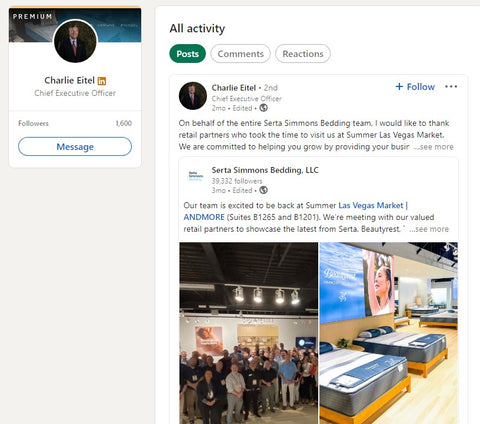 Screenshot of LinkedIn posted from Charlie Eitel thanking employees at the Las Vegas Market.