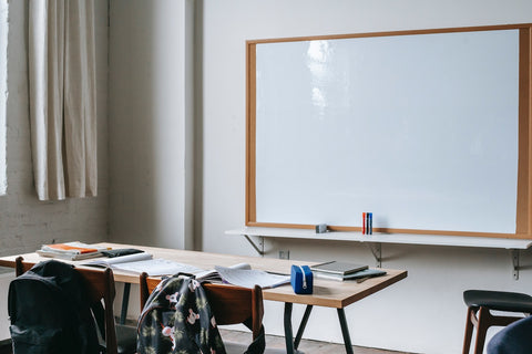 A clean whiteboard in a classroom