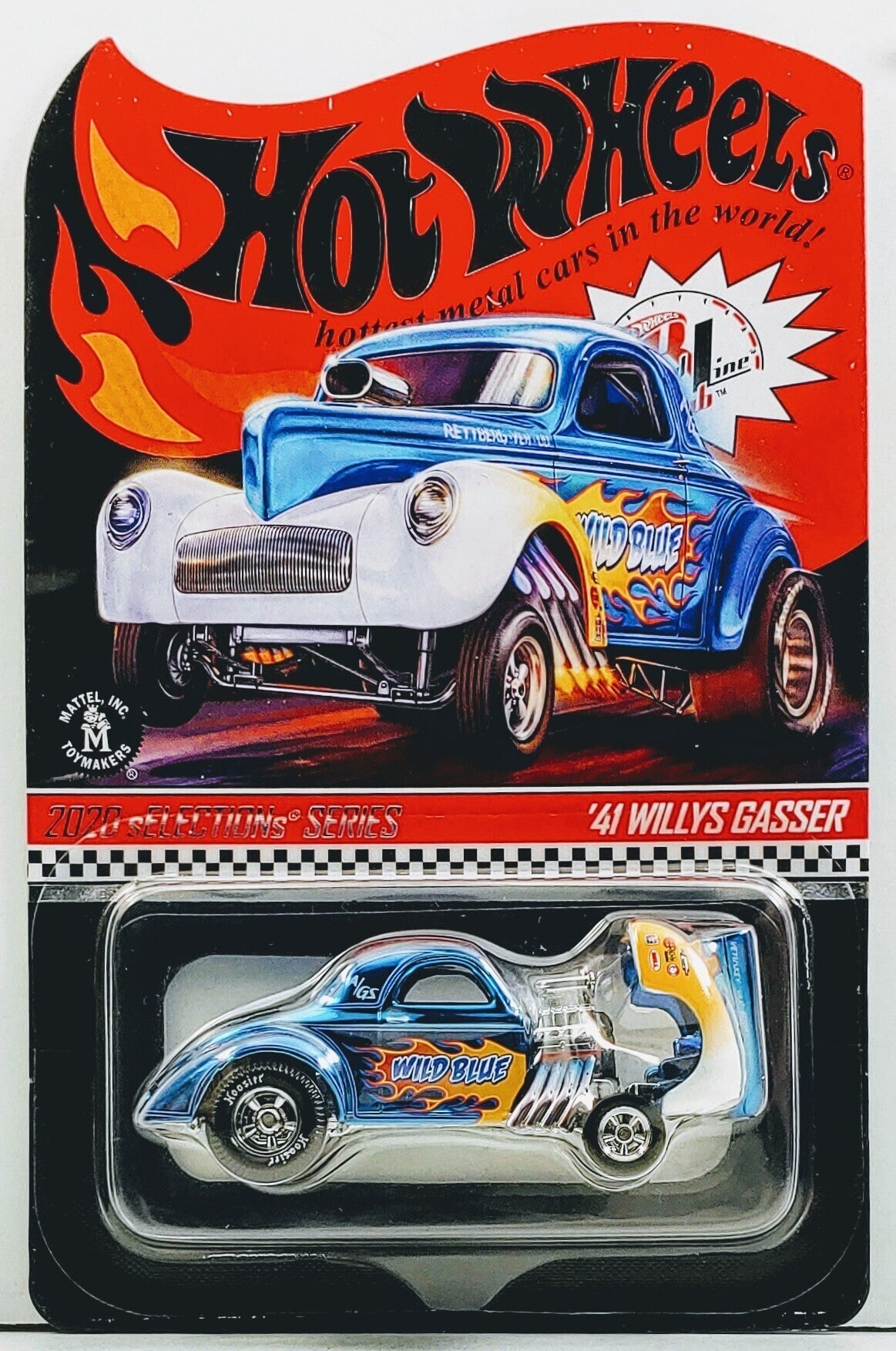 Hot Wheels 2020 - HWC / RLC Exclusive - sELECTIONs - '41 Willys Gasser - Spectraflame Blue / 'Wild Blue' - Metal/Metal & Real Riders - RLC Blister Card in a Kar Keeper