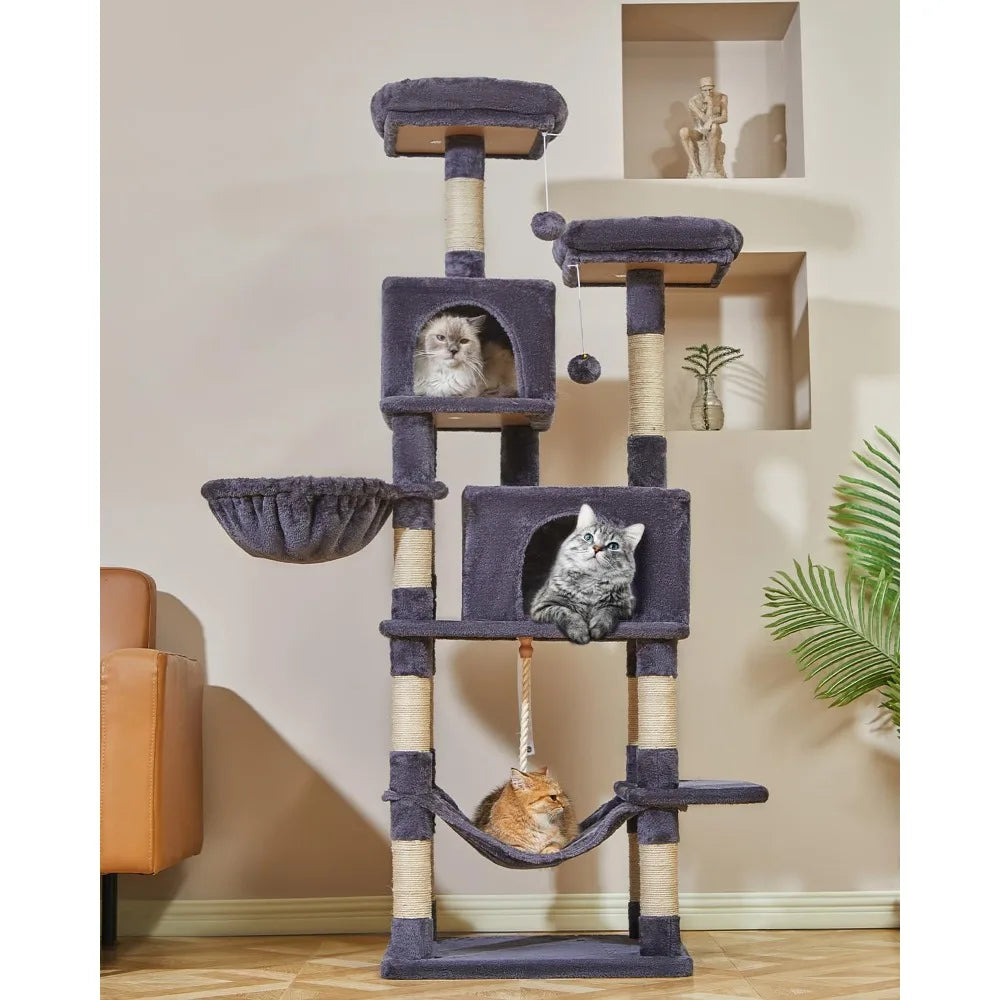 2 Perches Houses & Habitats 66.2-Inch Cat Tower for Indoor Cats Hammock Plush Multi-Level Cat Condo With 12 Scratching Posts Pet