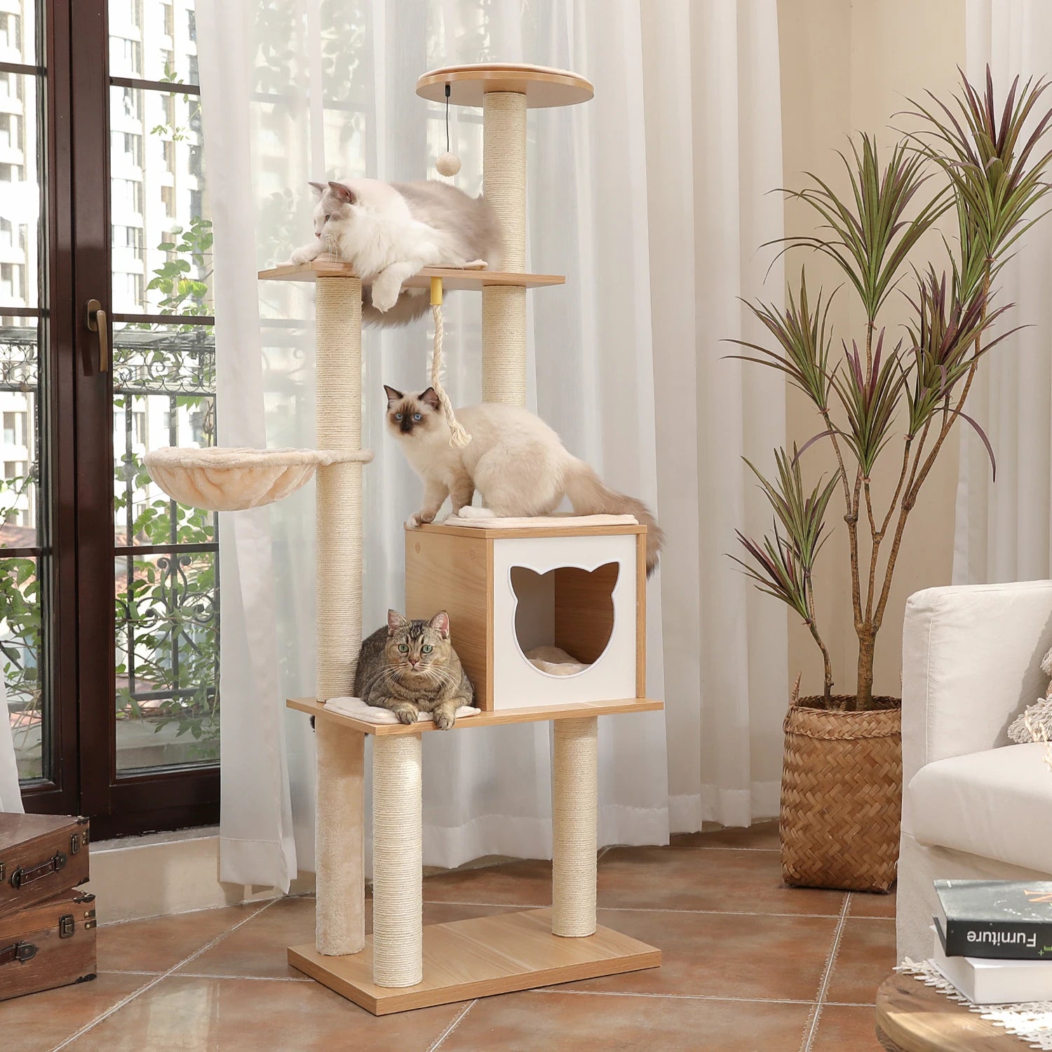Multi-Level Wood Cat Tree with Scratching Post Hammock Summer Cat Tower Cat Condo Kitten Bed Furniture Cat Toys Pet Items