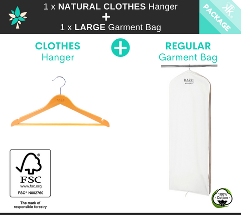 Natural Wood CLOTHES Hanger + LARGE Garment Bag