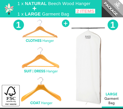 Kazzi Kovers LARGE Garment Bag + NATURAL Wood Hanger