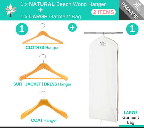 Kazzi Kovers LARGE Garment Bag + NATURAL Wood Hanger