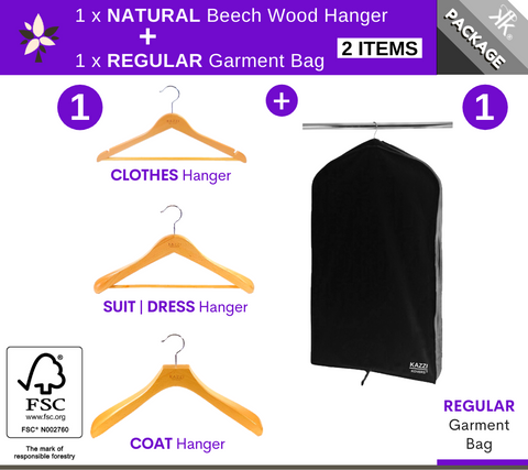 Kazzi Kovers REGULAR Black Garment Bag + NATURAL Wood Hanger