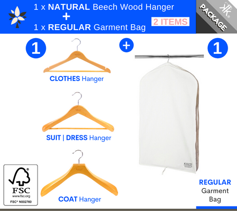 Kazzi Kovers REGULAR Garment Bag + NATURAL Wood Hanger