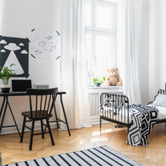 Black white bedroom with desk