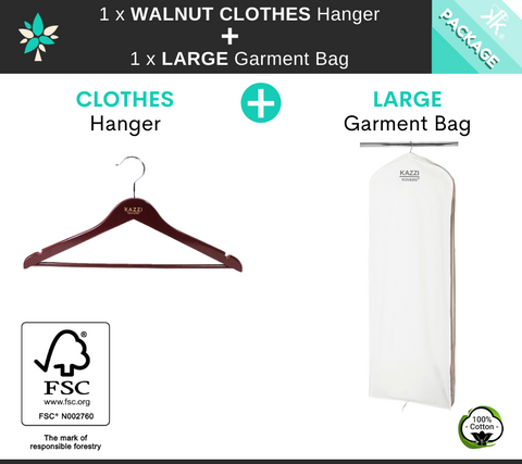 Walnut Clothes Hanger + Large Garment Bag Package