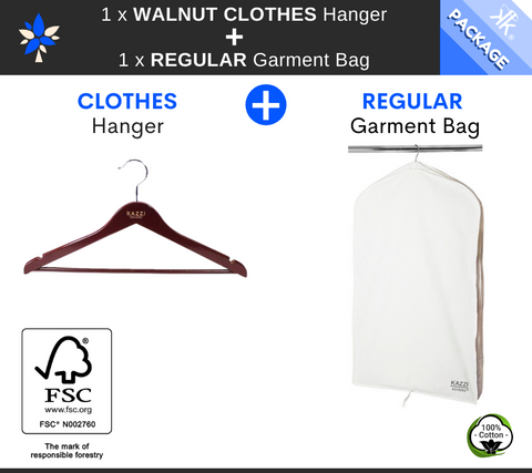 Walnut Clothes Hanger + Regular Garment Bag Package