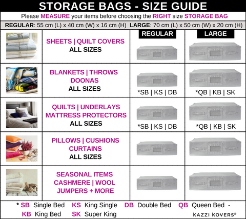 Kazzi Kovers Storage Bags | Size Guide