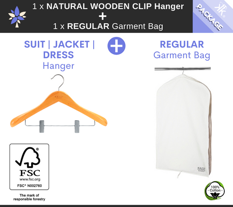 Kazzi Kovers REGULAR Garment Bag + NATURAL Wood Clip Hanger