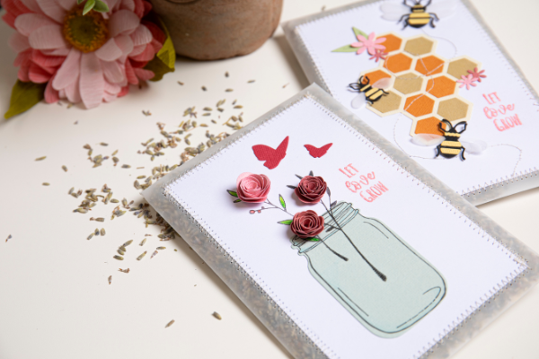 2 white seed bags with Sizzix Framelits and Stamp Sets 