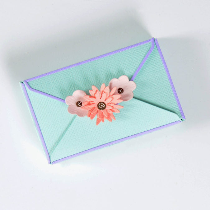 Completed Sizzix Chapter 4 -Envelope Box with Flower on top.