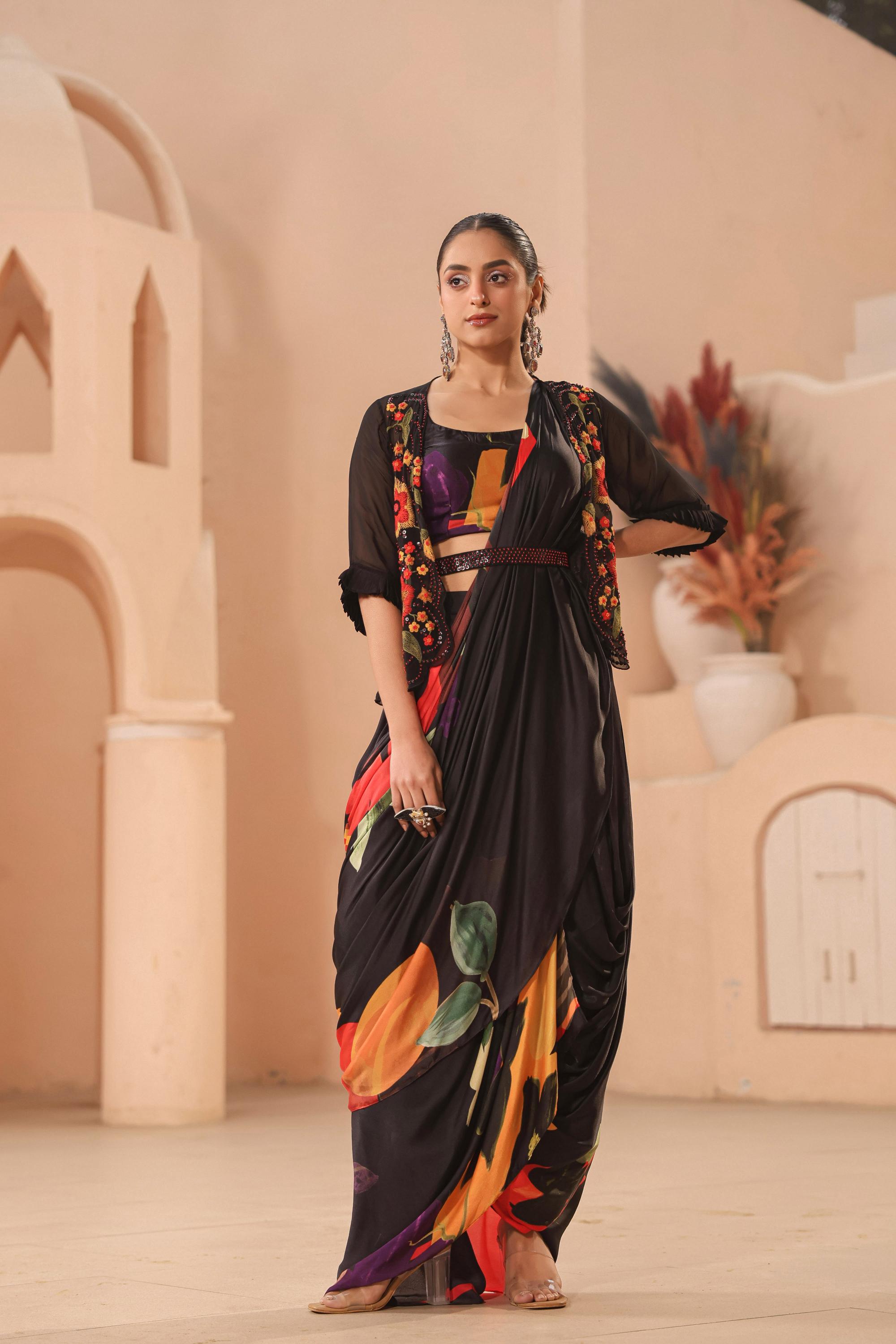 Black SIlk Pre-Draped Dhoti Saree Set Design by Quench A Thirst at Pernia's  Pop Up Shop 2024