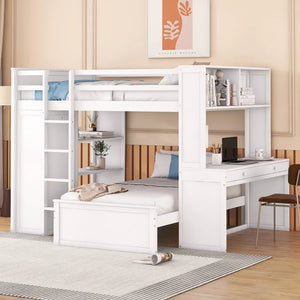 Full size Loft Bed with a twin size Stand-alone bed, Shelves, Desk,and Wardrobe-White - yourbestselfboutique