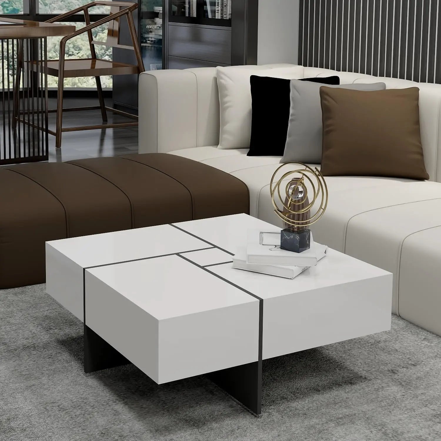 Modern Coffee Table with 4 Drawers,Square Coffee Table with Storage, white