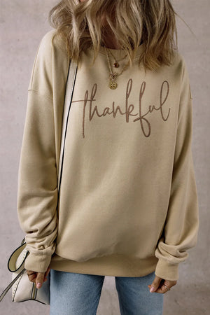 THANKFUL Round Neck Long Sleeve Sweatshirt - Ellie Blake Boutique