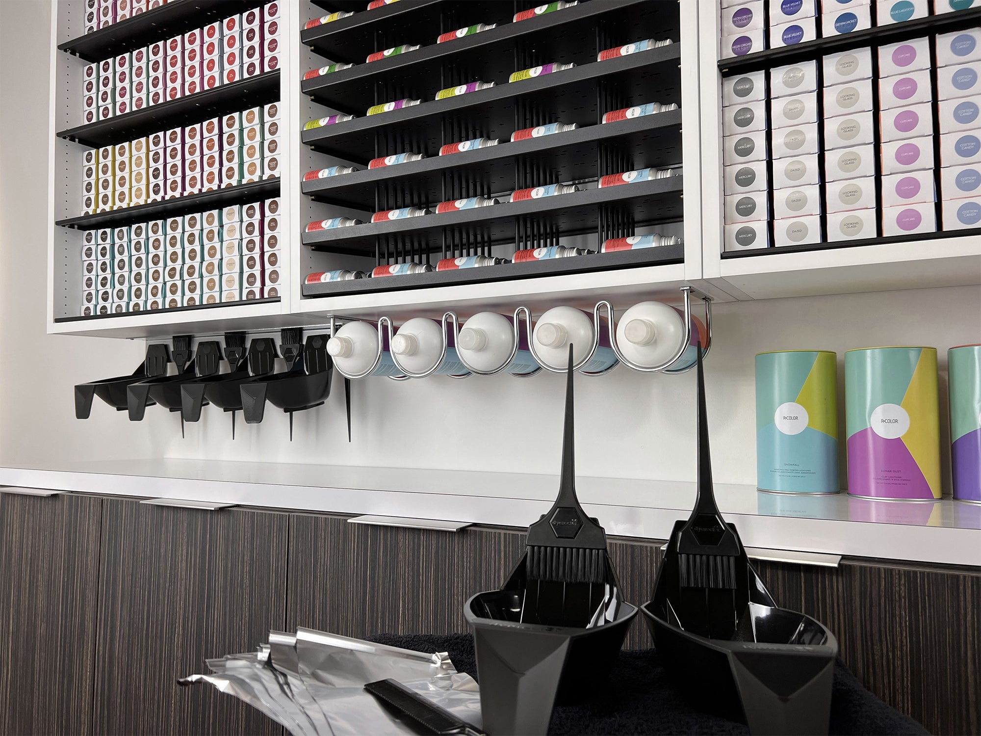 R+Co Hair Color Bar dispensary in white with Collins Base cabinetry