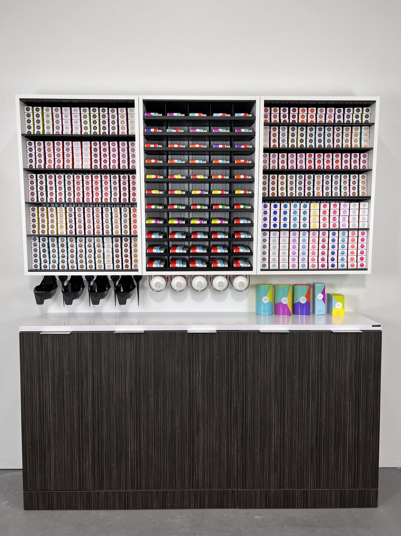 Dyerector White ModCab Hair color organizers in a hair salon over a Collins lower cabinet with R+Co haircolor