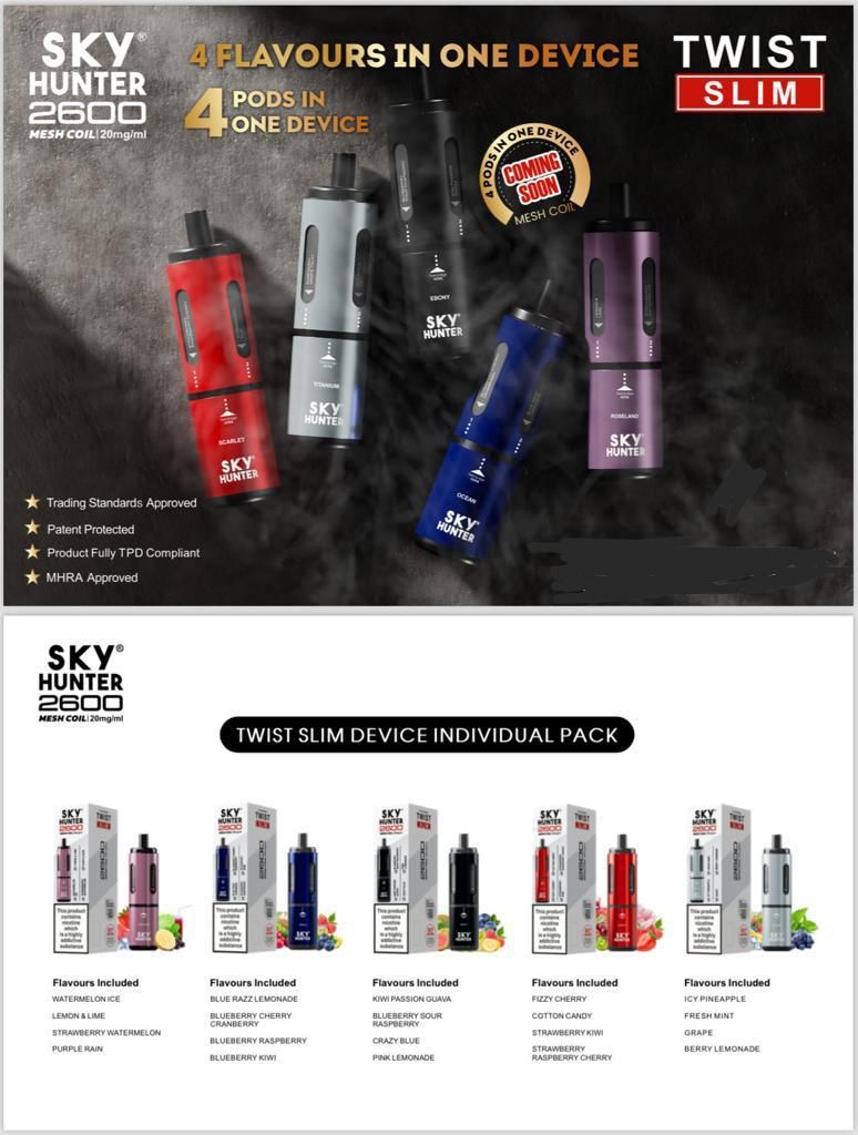 4 in 1 Sky Hunter 2600 Puffs Disposable Vape Pod Kit Pack of 5 - Vape Wholesale Mcr