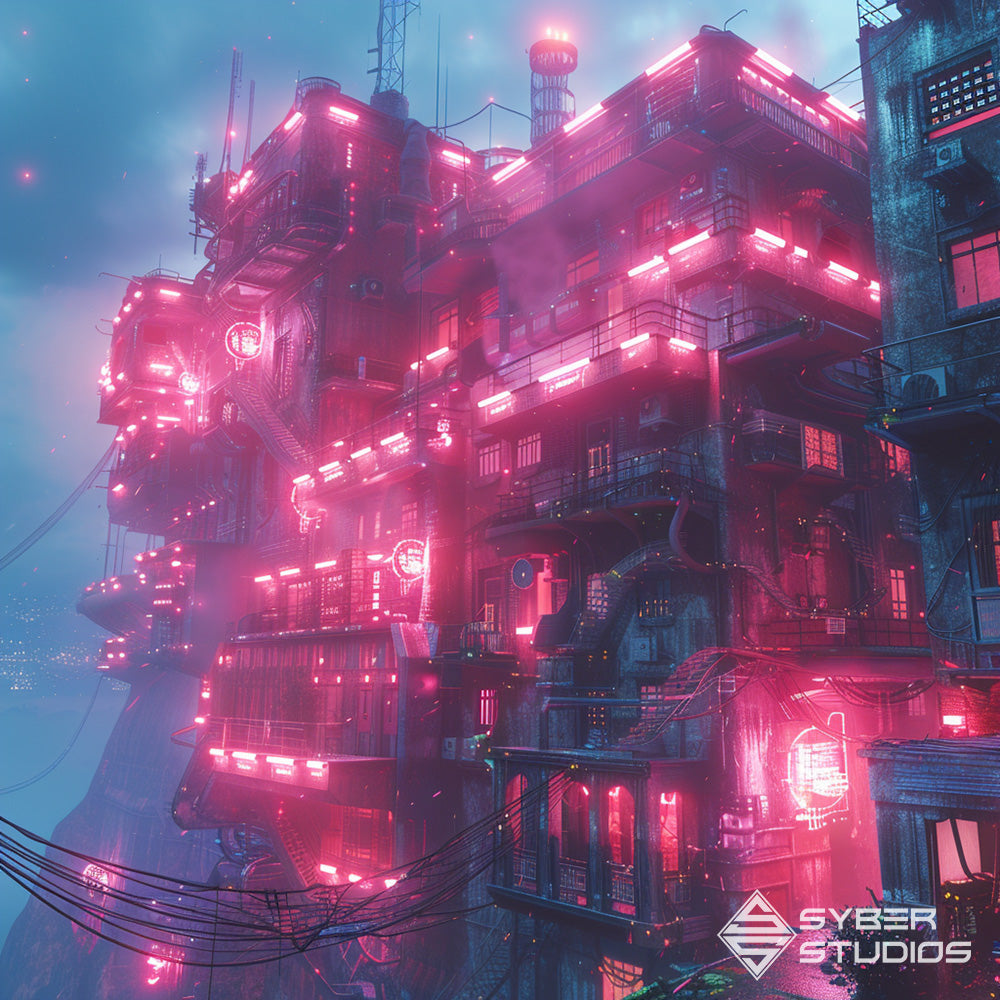 Within the cyberpunk city's towering edifices, stacked apartments offer a glimpse into a future where humanity lives in harmony with technology