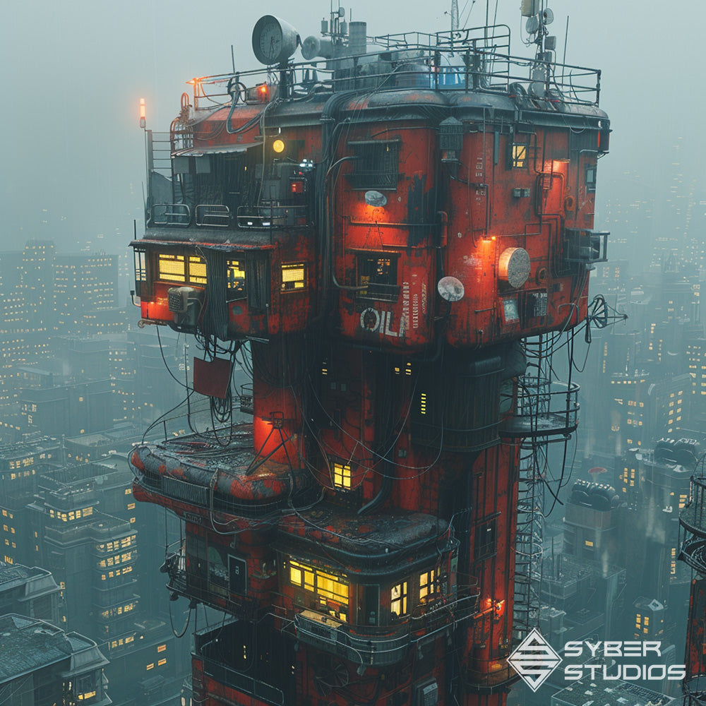 Beneath the oppressive sky of the cyberpunk city, stacked apartments stretch towards the heavens, a testament to humanity's unyielding ambition