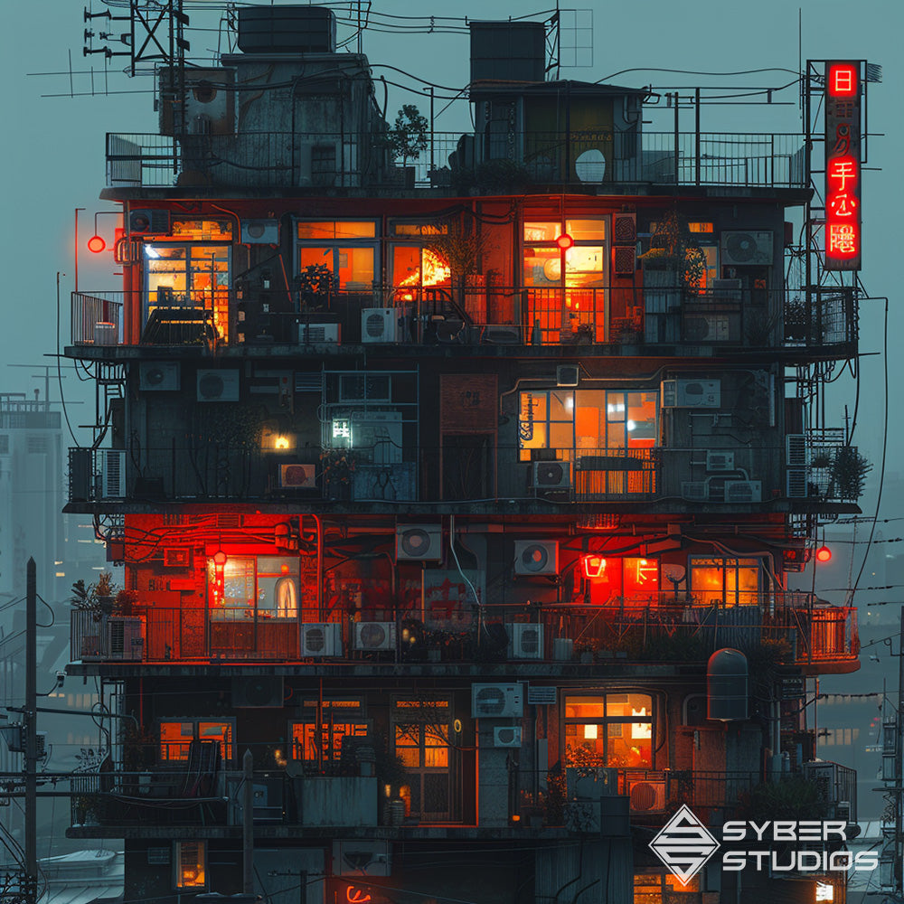 In the cyberpunk city's towering skyline, stacked apartments rise like digital fortresses amidst the neon glow