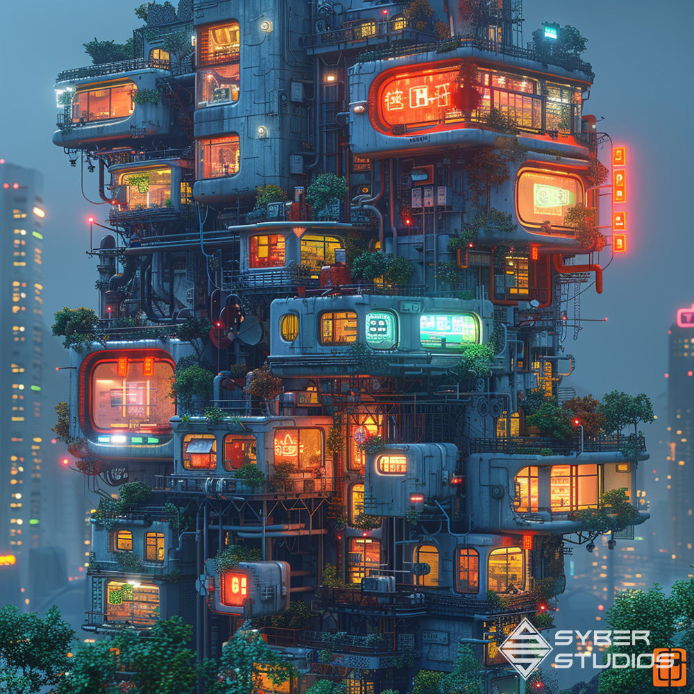Welcome to the neon-lit labyrinth of our cyberpunk city, where the future meets the past in a dazzling display of technological marvels.