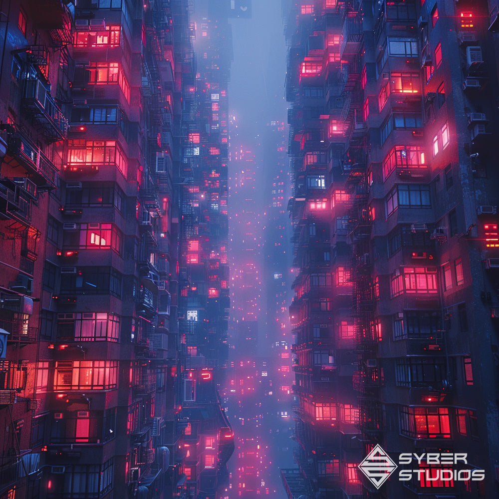 Amidst the flickering lights of the cyberpunk city, stacked apartments loom like monoliths, housing the dreams and desires of its inhabitants