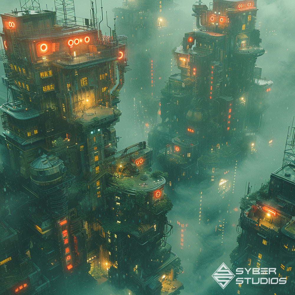 Welcome to the cyberpunk city's vertical maze, where life unfolds in the stacked layers of steel and circuitry.